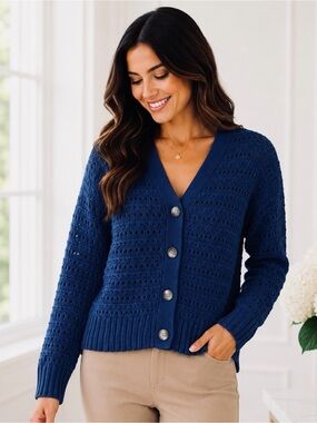 Sonoma Cozy Knit Navy V-Neck Button Cardigan NWT S